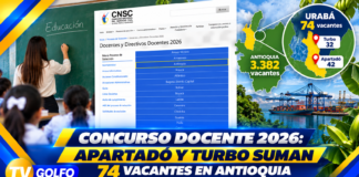 Concurso Docente 2026: Apartadó y Turbo suman 74 vacantes en Antioquia